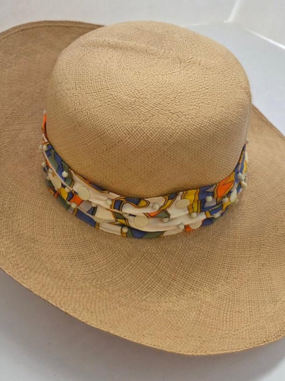 Vintage Patrice Size 22 Wide Brim Straw Hat Cartwheel Picture Hat Colorful Beads